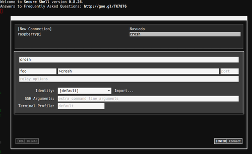 Secure Shell app with user "foo" and host "crosh"