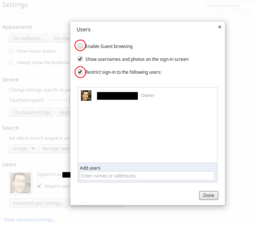 Chrome settings with guest browsing disabled and sign-in restricted to Roxy's account