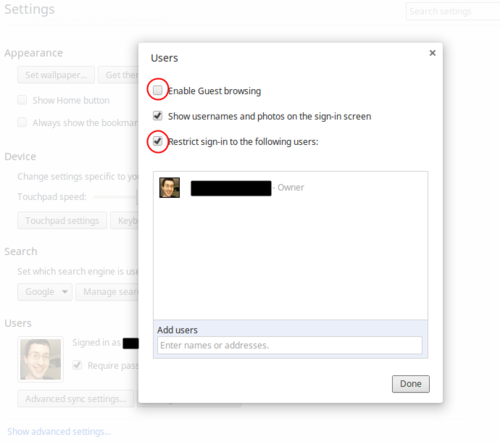 Chrome settings with guest browsing disabled and sign-in restricted to Ross's account