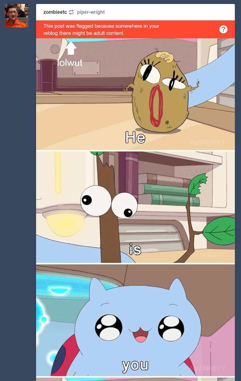 Screenshot of a flagged Tumblr post for the account zombieetc. The content of the post is a scene from Bravest Warriors featuring Catbug.