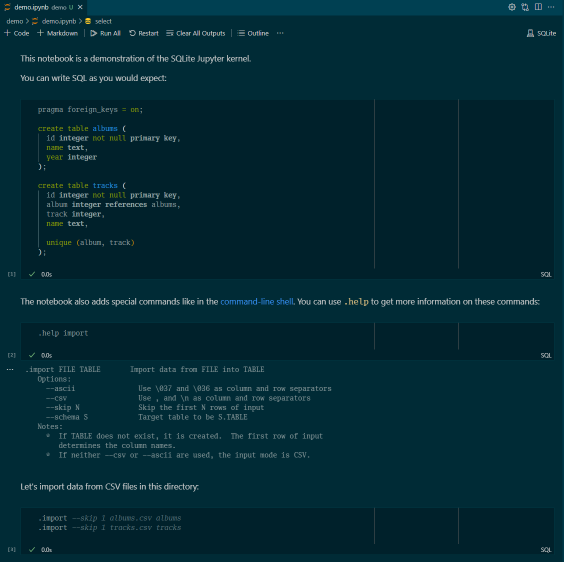 Screenshot of a SQLite Visual Studio Code notebook.
